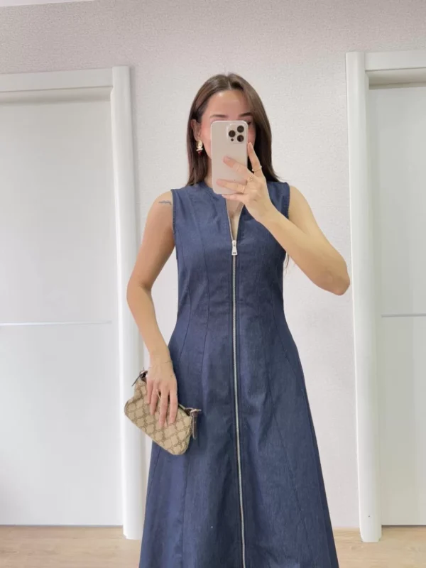 Jeans Kot Önü Tam Fermuarlı Kadın Uzun Elbise - Mavi - Görsel 2