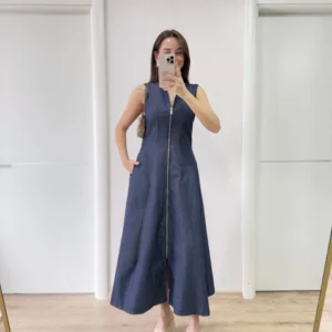 Jeans Kot Önü Tam Fermuarlı Kadın Uzun Elbise - Mavi