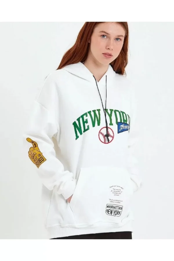 Kadın Baskılı Kapüşonlu Sweatshirt - Beyaz - Görsel 2