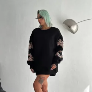 Kadın Bisiklet Yaka Baskılı SweatShirt - Siyah