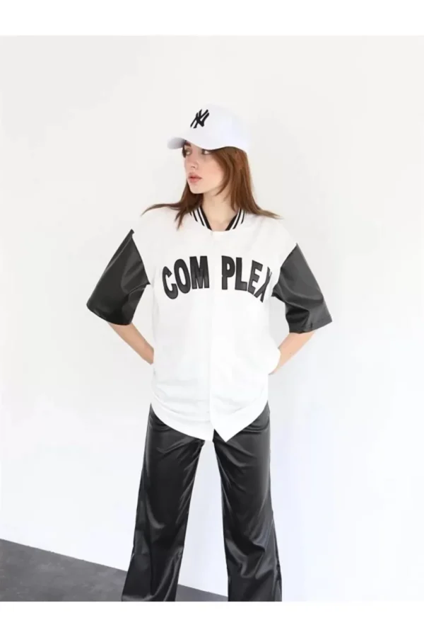 Kadın Complex Kolları Deri Kolej Oversize T-shirt - Beyaz - Görsel 2