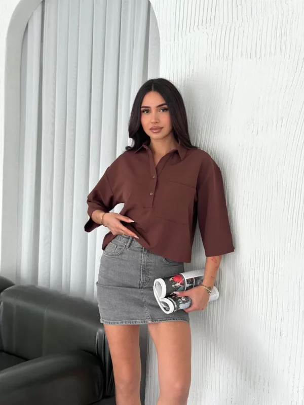 Z Krep Kadın Crop Yakalı Gömlek İlik Düğmeli Üç Çeyrek Sleeve Kol - Kahverengi