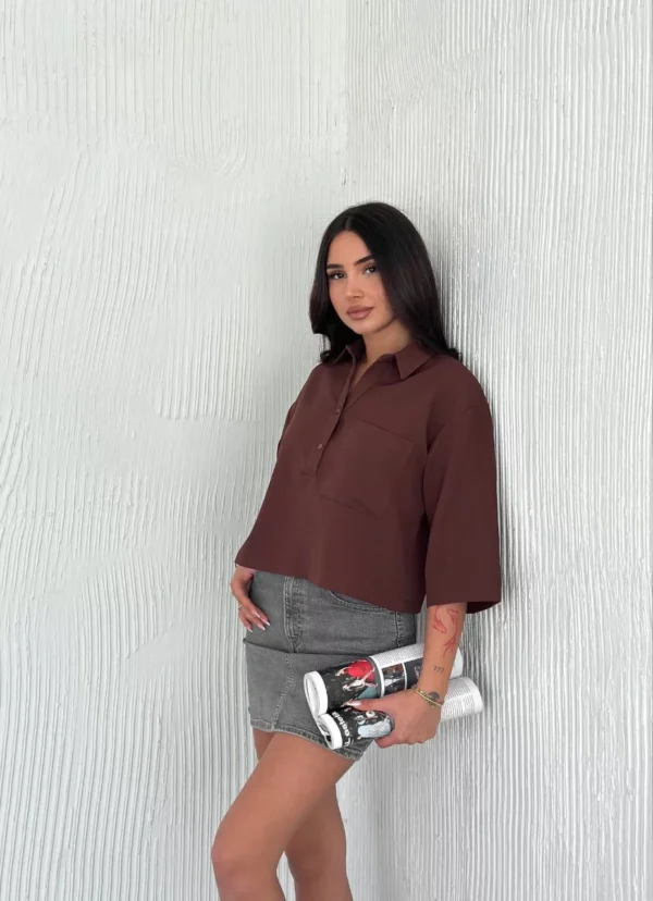 Z Krep Kadın Crop Yakalı Gömlek İlik Düğmeli Üç Çeyrek Sleeve Kol - Kahverengi - Görsel 2