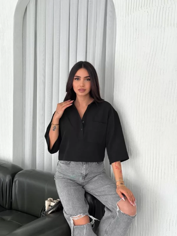 Z Krep Kadın Crop Yakalı Gömlek İlik Düğmeli Üç Çeyrek Sleeve Kol - Siyah - Görsel 2
