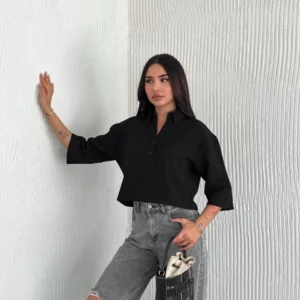 Z Krep Kadın Crop Yakalı Gömlek İlik Düğmeli Üç Çeyrek Sleeve Kol - Siyah