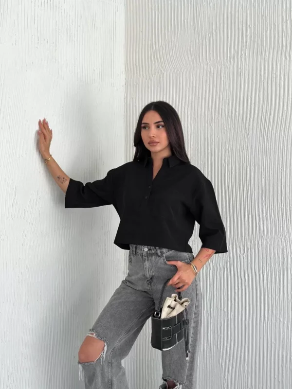 Z Krep Kadın Crop Yakalı Gömlek İlik Düğmeli Üç Çeyrek Sleeve Kol - Siyah