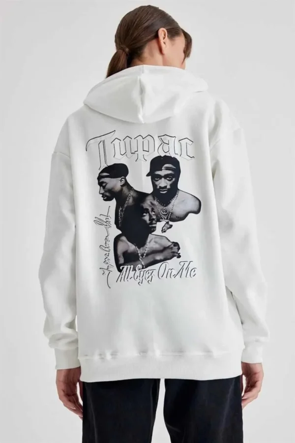 Kadın Kapüşonlu Sırt Baskılı Üç İplik Oversize Sweatshirt - Beyaz - Görsel 2