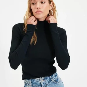 Kadın Kaşkorse Boğazlı Full Likralı Fitilli Body Kazak - Siyah