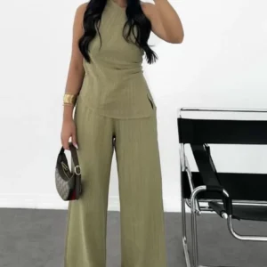 Kadın Keten Asimetrik Tek Omuzlu Bluz Pantalon Takım- Su Yeşili