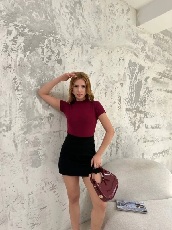 Kadın Kısa kol Badi bluz - Bordo - Görsel 2