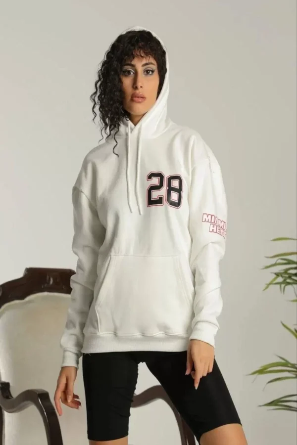 Kadın Sırt Baskılı Oversize Üç İplik Kapüşonlu Sweatshirt - Beyaz - Görsel 2
