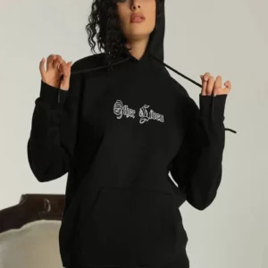 Kadın Sırt Baskılı Oversize Üç İplik Kapüşonlu Sweatshirt - Siyah