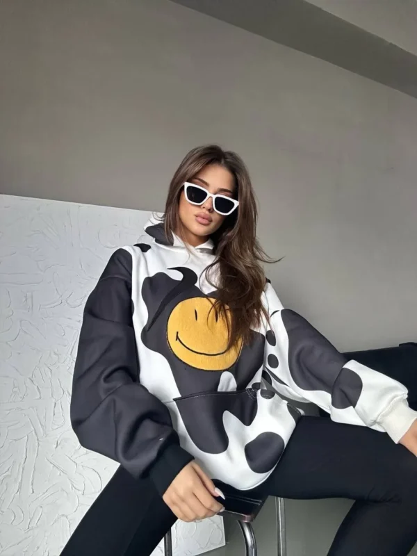Kadın Smiley Face Kapüşonlu Sweatshirt - Siyah - Görsel 2