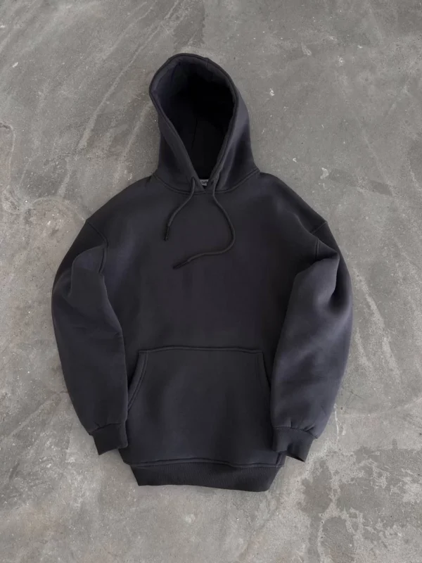 Kapüşonlu Üç İplik Penye Basic SweatShirt - Füme