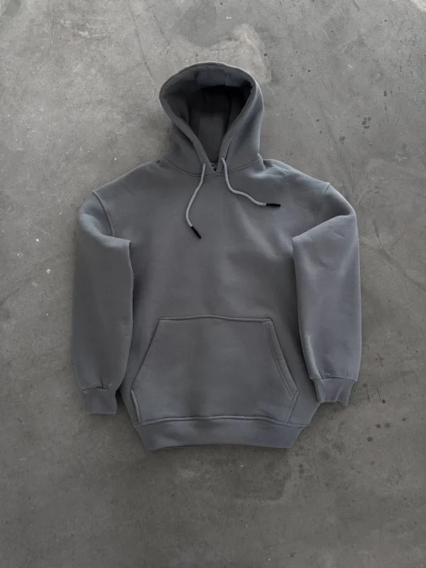 Kapüşonlu Üç İplik Penye Basic SweatShirt - Boyalı Gri - Görsel 2