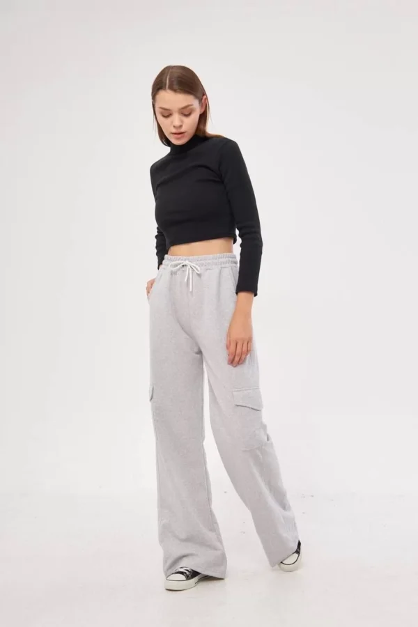 Kargo Cepli Palazzo Oversize Kesim İki iplik Bol Paça Eşofman Altı Pantalon - Gri - Görsel 2