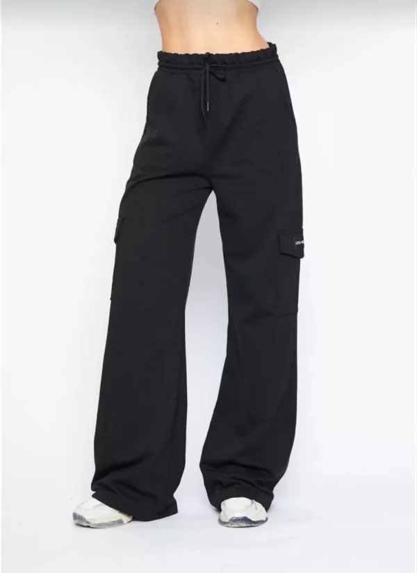 Kargo Cepli Palazzo Oversize Kesim İki iplik Bol Paça Eşofman Altı Pantalon - Siyah - Görsel 2