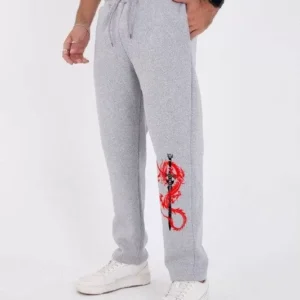 Kışlık Üç İplik Baskılı Eşofman Pantolon - Gri