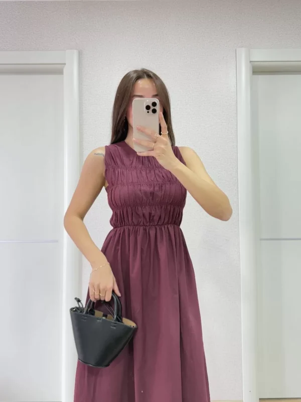 Kolsuz Göğüs Lastıklı %100 Poplin Uzun Elbise - Bordo - Görsel 2