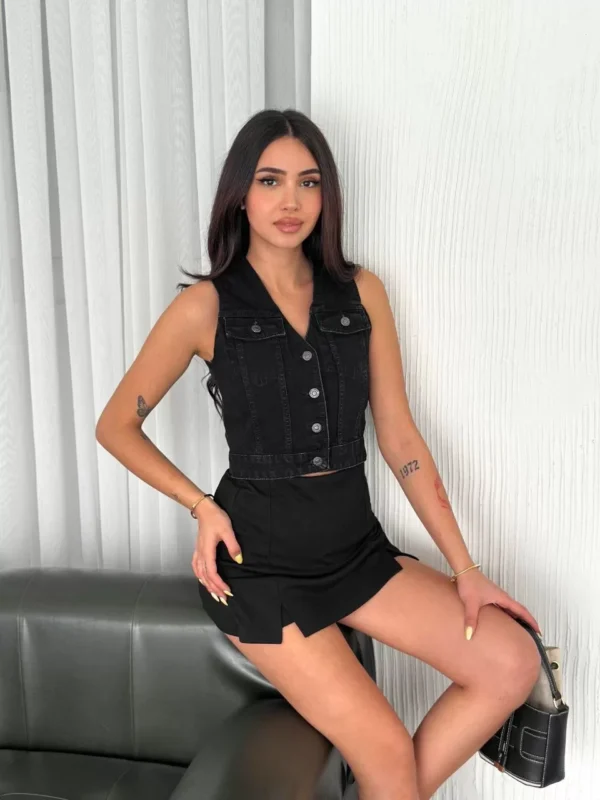 Kot Jeans Kadın Yelek - Siyah - Görsel 2