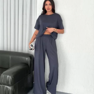 Osy Modal Yumuşak Dokulu Kumaş Bisiklet Yaka T-shirt Bol paça Pantalon ikili Takım -Antrasit