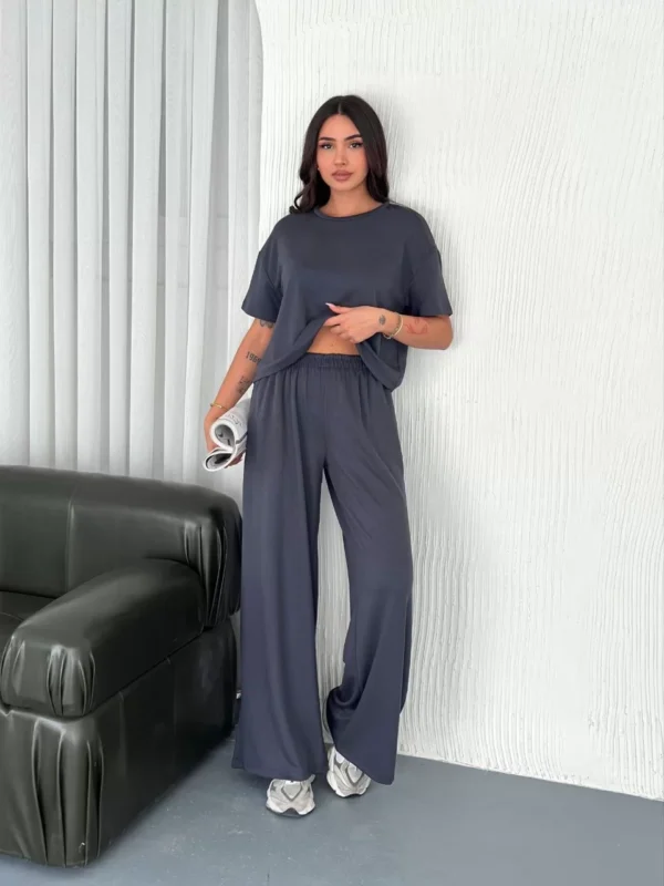 Osy Modal Yumuşak Dokulu Kumaş Bisiklet Yaka T-shirt Bol paça Pantalon ikili Takım -Antrasit