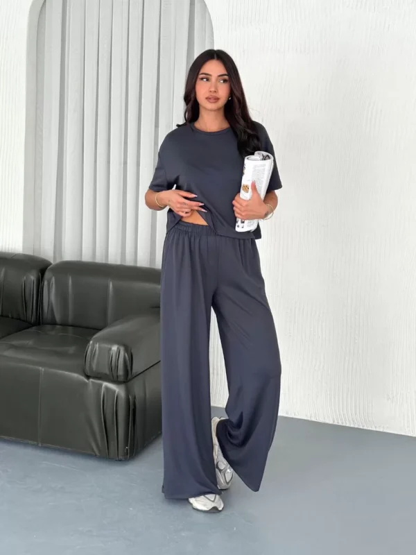 Osy Modal Yumuşak Dokulu Kumaş Bisiklet Yaka T-shirt Bol paça Pantalon ikili Takım -Antrasit - Görsel 2