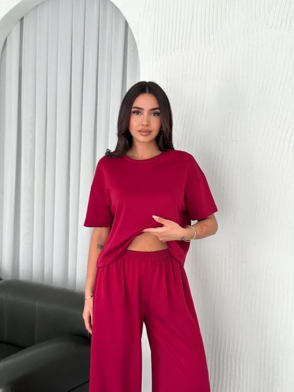 Osy Modal Yumuşak Dokulu Kumaş Bisiklet Yaka T-shirt Bol paça Pantalon ikili Takım -Bordo - Görsel 2