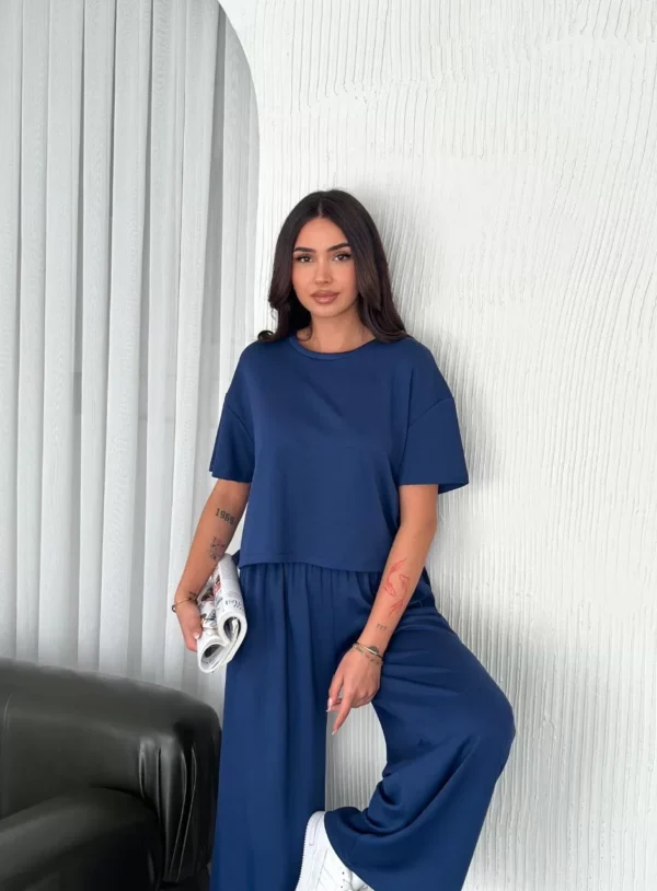 Osy Modal Yumuşak Dokulu Kumaş Bisiklet Yaka T-shirt Bol paça Pantalon ikili Takım -Saks Mavi - Görsel 2