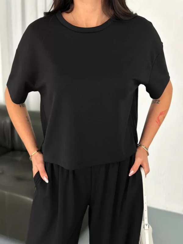 Osy Modal Yumuşak Dokulu Kumaş Bisiklet Yaka T-shirt Bol paça Pantalon ikili Takım -Siyah - Görsel 2