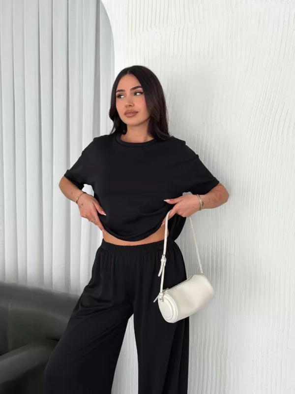 Osy Modal Yumuşak Dokulu Kumaş Bisiklet Yaka T-shirt Bol paça Pantalon ikili Takım -Siyah
