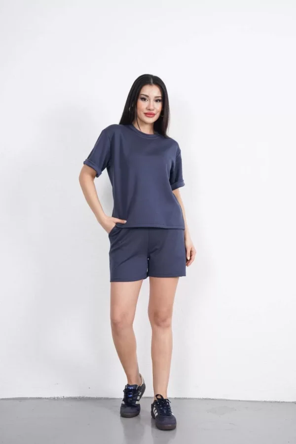 Osy Modal yumuşak dokulu Kumaş Kadın Bisiklet Yaka T-shirt Kısa Şort İkili Takım - Antrasit - Görsel 2