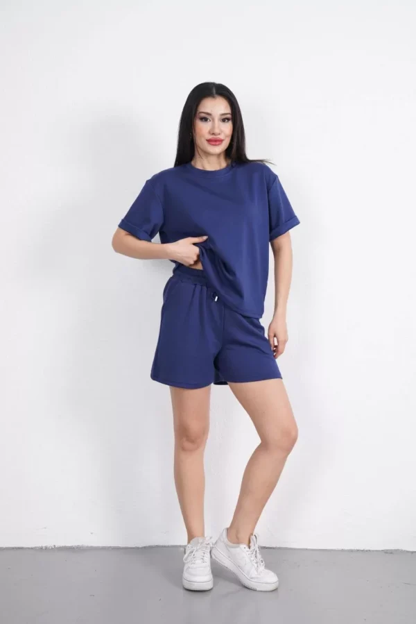 Osy Modal yumuşak dokulu Kumaş Kadın Bisiklet Yaka T-shirt Kısa Şort İkili Takım - Mavi