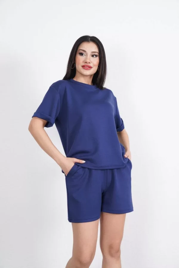Osy Modal yumuşak dokulu Kumaş Kadın Bisiklet Yaka T-shirt Kısa Şort İkili Takım - Mavi - Görsel 2