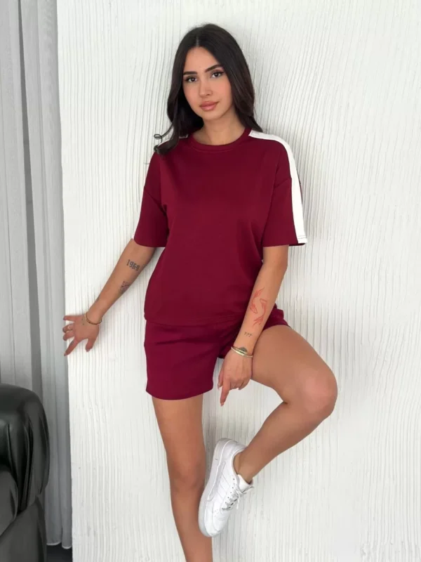 Osy Modal yumuşak dokulu Kumaş Kadın Parçalı Bisiklet Yaka T-shirt Kısa Şort İkili Takım - Bordo - Görsel 2