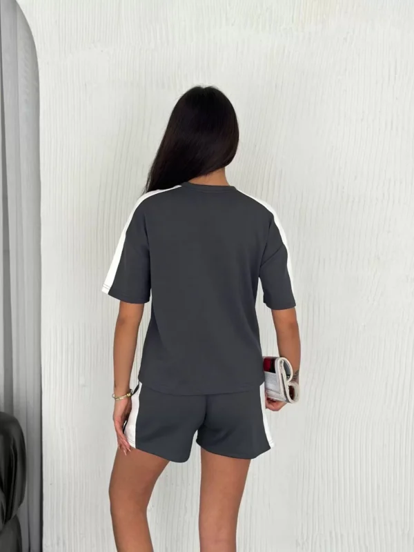 Osy Modal yumuşak dokulu Kumaş Kadın Parçalı Bisiklet Yaka T-shirt Kısa Şort İkili Takım - Antrasit - Görsel 2