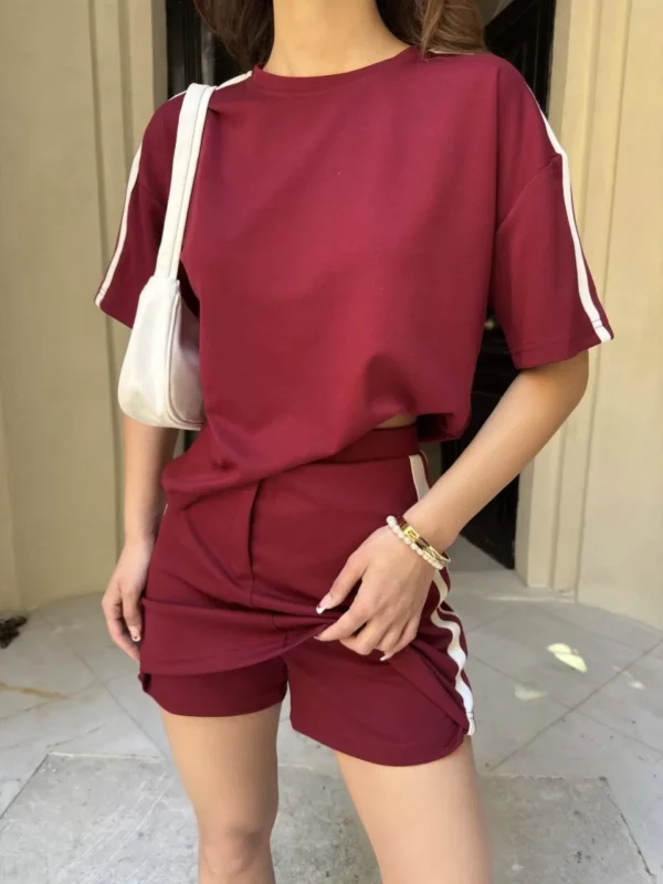 Osy Modal yumuşak dokulu Kumaş Kadın Parçalı Bisiklet Yaka T-shirt Mini Şortlu Etek İkili Takım -Bordo - Görsel 2