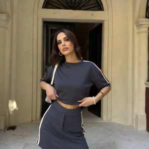 Osy Modal yumuşak dokulu Kumaş Kadın Parçalı Bisiklet Yaka T-shirt Mini Şortlu Etek İkili Takım - Füme