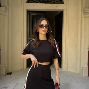 Osy Modal yumuşak dokulu Kumaş Kadın Parçalı Bisiklet Yaka T-shirt Mini Şortlu Etek İkili Takım - Siyah