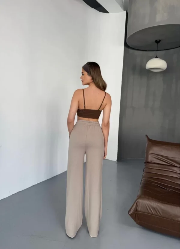 Osy Modal Yumuşak Dokulu Kumaş Nakış işlemeli Rahat Bol Paça Eşofman Pantalon - Bej - Görsel 2