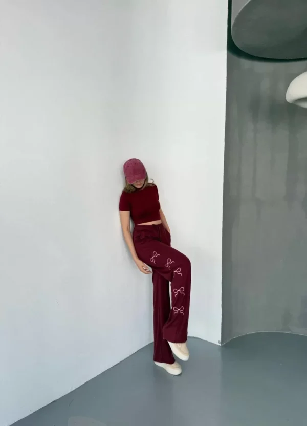 Osy Modal Yumuşak Dokulu Kumaş Nakış işlemeli Rahat Bol Paça Eşofman Pantalon - Bordo - Görsel 2
