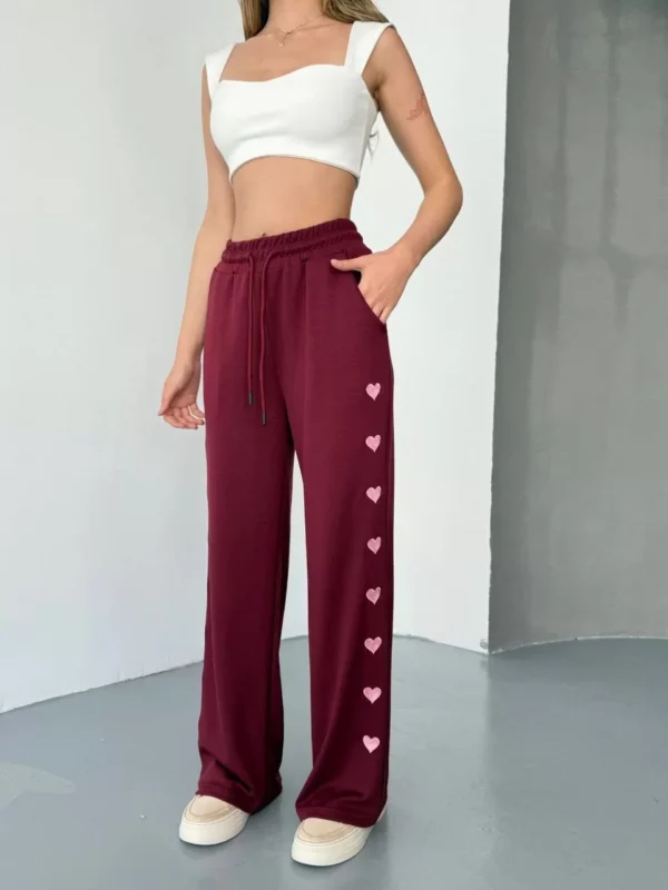 Osy Modal Yumuşak Dokulu Kumaş Nakış işlemeli Rahat Bol Paça Eşofman Pantalon - Bordo - Görsel 2