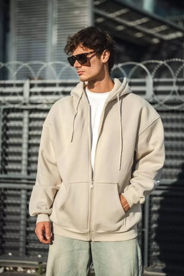 Oversize Tam Fermuarlı Uzun Kol Hırka - Bej - Görsel 2