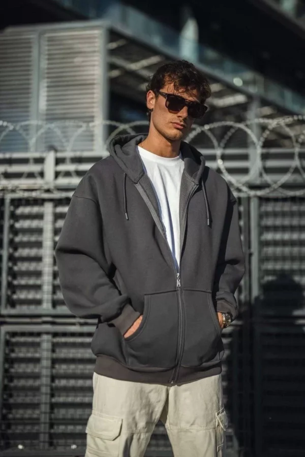 Oversize Tam Fermuarlı Uzun Kol Hırka - Füme - Görsel 2