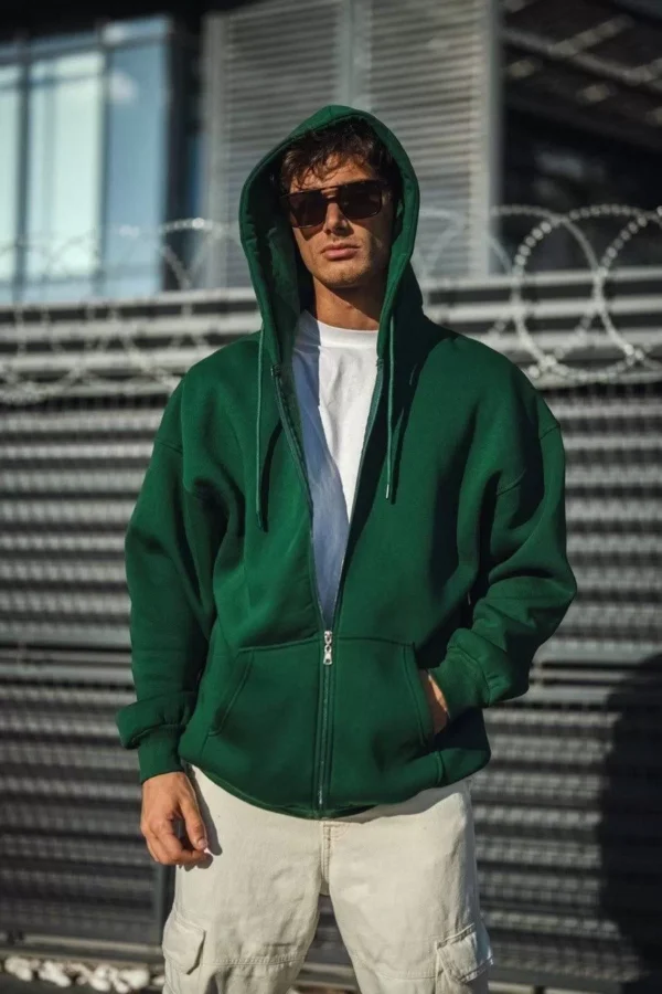 Oversize Tam Fermuarlı Uzun Kol Hırka - Haki - Görsel 2