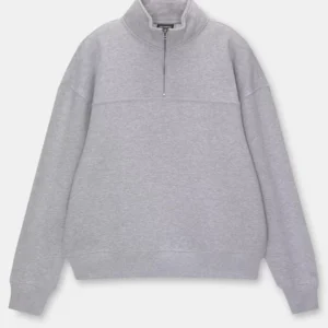 Oversize Yarım Farmuarlı Yakalı Basic SweatShirt - Gri