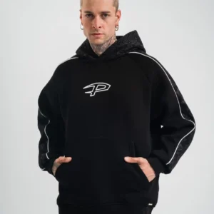 Uzun Kol Kapşonlu Ara Biyeli SweatShirt - Siyah