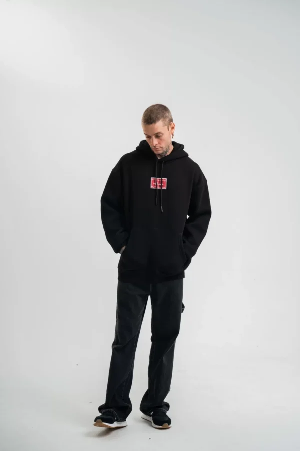 Double Oversize Kapşonlu Dijital Patchli SweatShirt - Siyah - Görsel 2