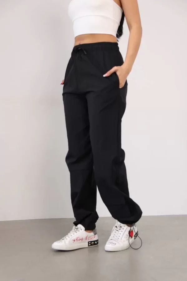 Praşut Kumaş Paça Cepli Baggy Eşofman - Siyah - Görsel 2