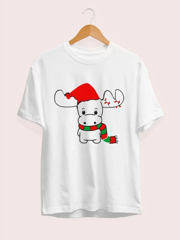Ren Geyiği baskılı Noel İçin T-shirt - Beyaz - Görsel 2